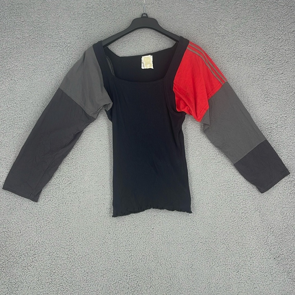 SC103 square neck oversized color blocked sleeves blouse women’s small stretch